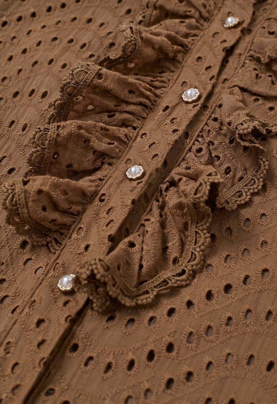 Embroidered Eyelet Tiered Ruffle Button Maxi Dress in Tan