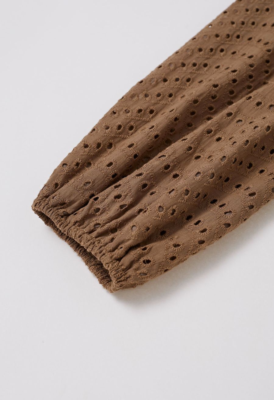 Embroidered Eyelet Tiered Ruffle Button Maxi Dress in Tan