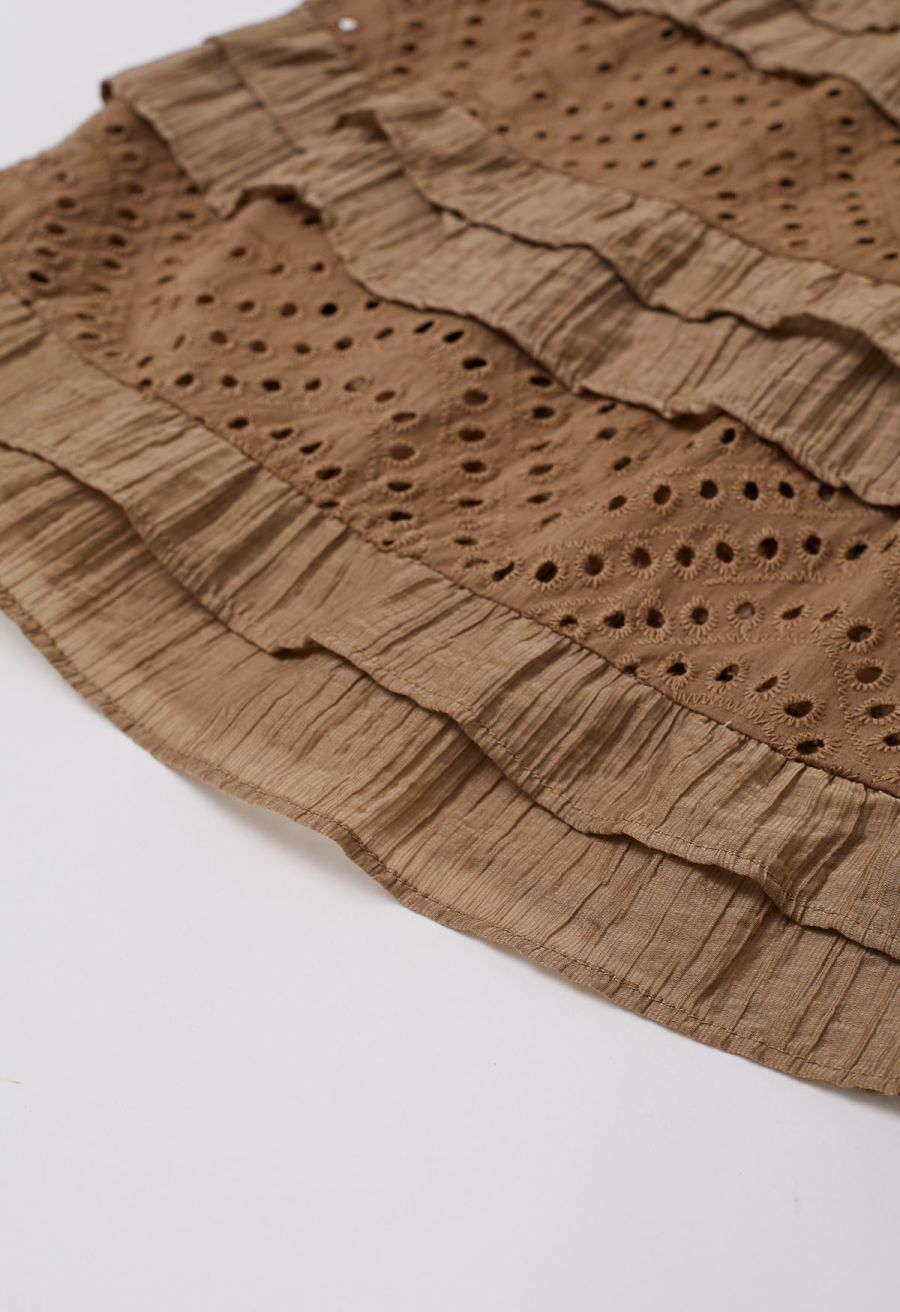 Embroidered Eyelet Tiered Ruffle Button Maxi Dress in Tan