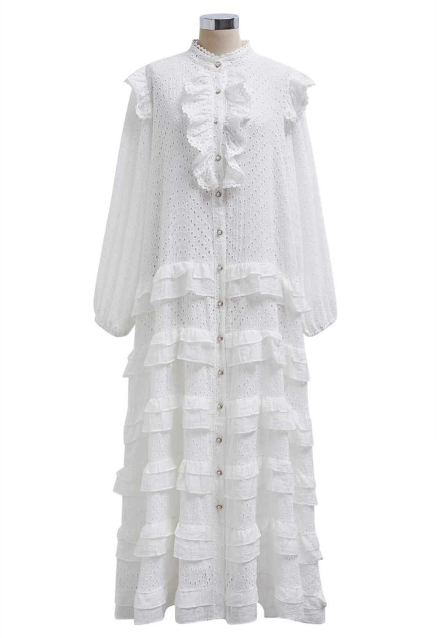 Embroidered Eyelet Tiered Ruffle Button Maxi Dress in White
