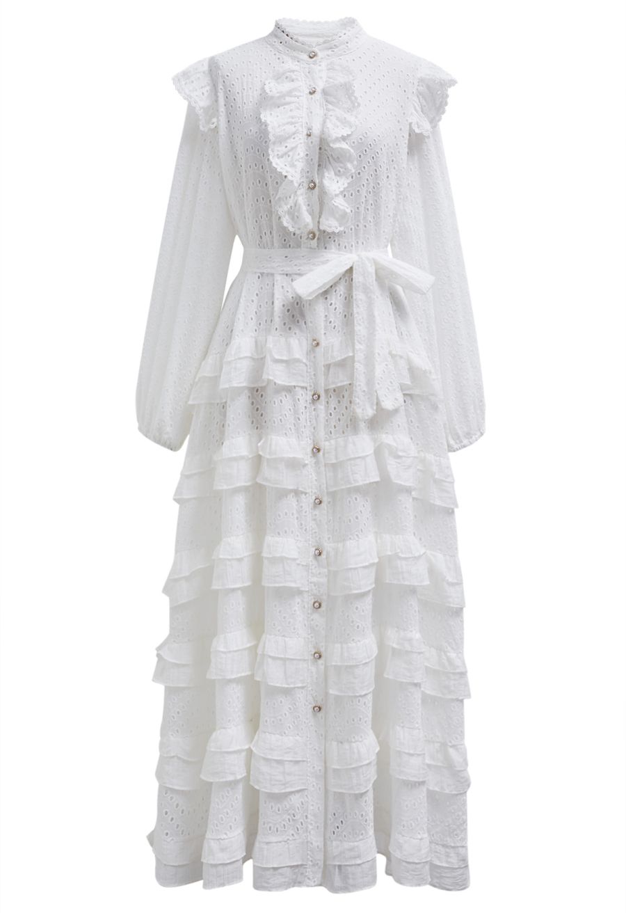 Embroidered Eyelet Tiered Ruffle Button Maxi Dress in White