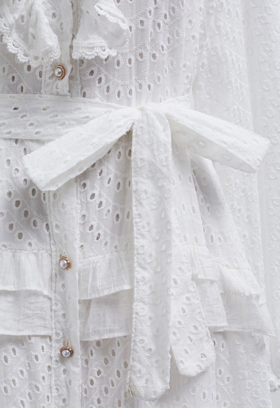Embroidered Eyelet Tiered Ruffle Button Maxi Dress in White