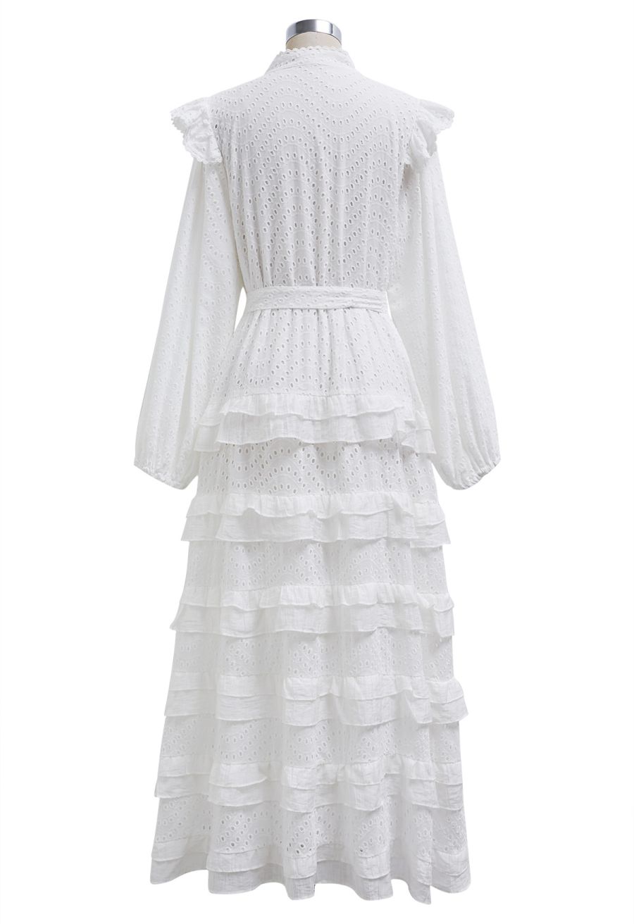 Embroidered Eyelet Tiered Ruffle Button Maxi Dress in White