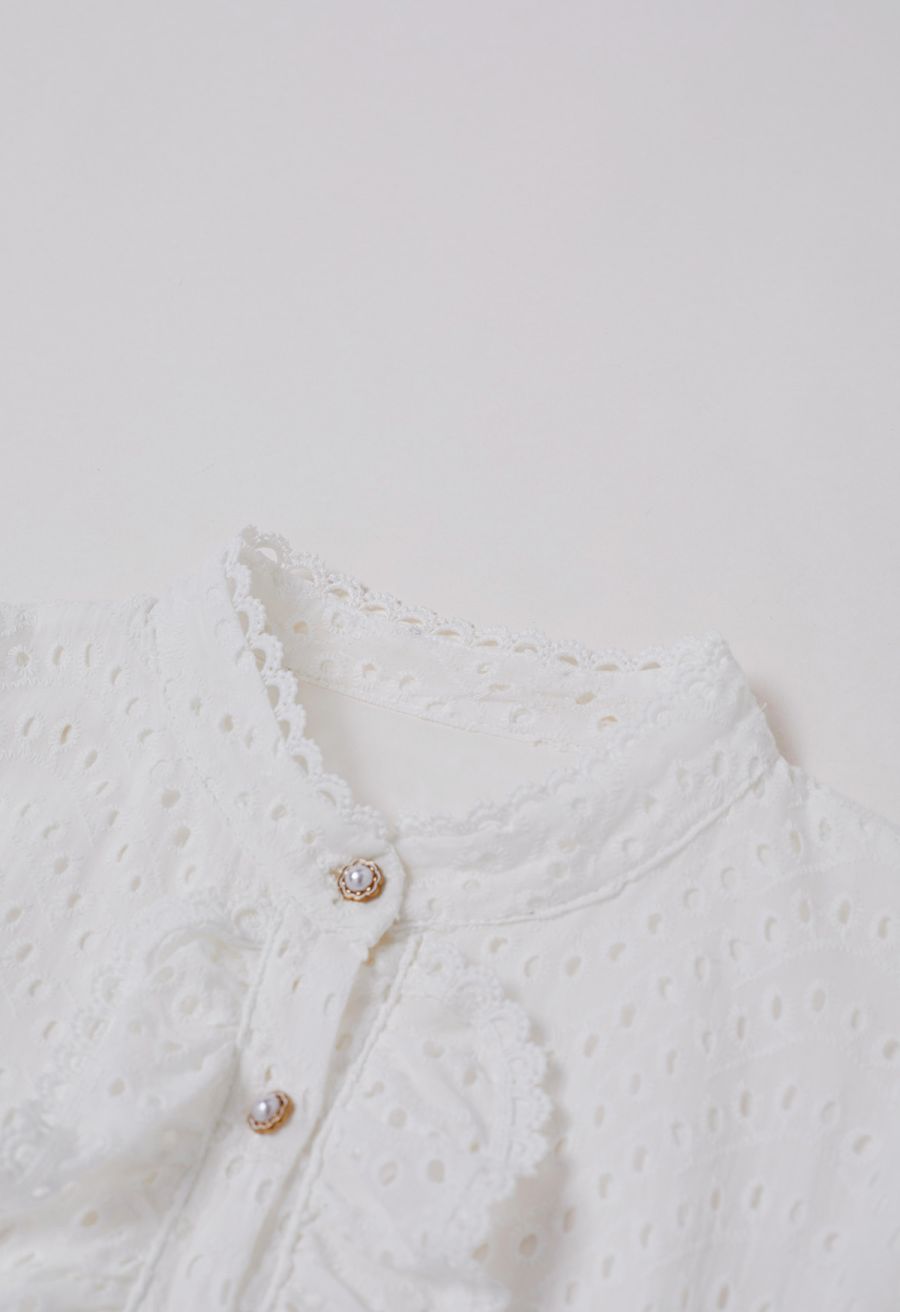 Embroidered Eyelet Tiered Ruffle Button Maxi Dress in White