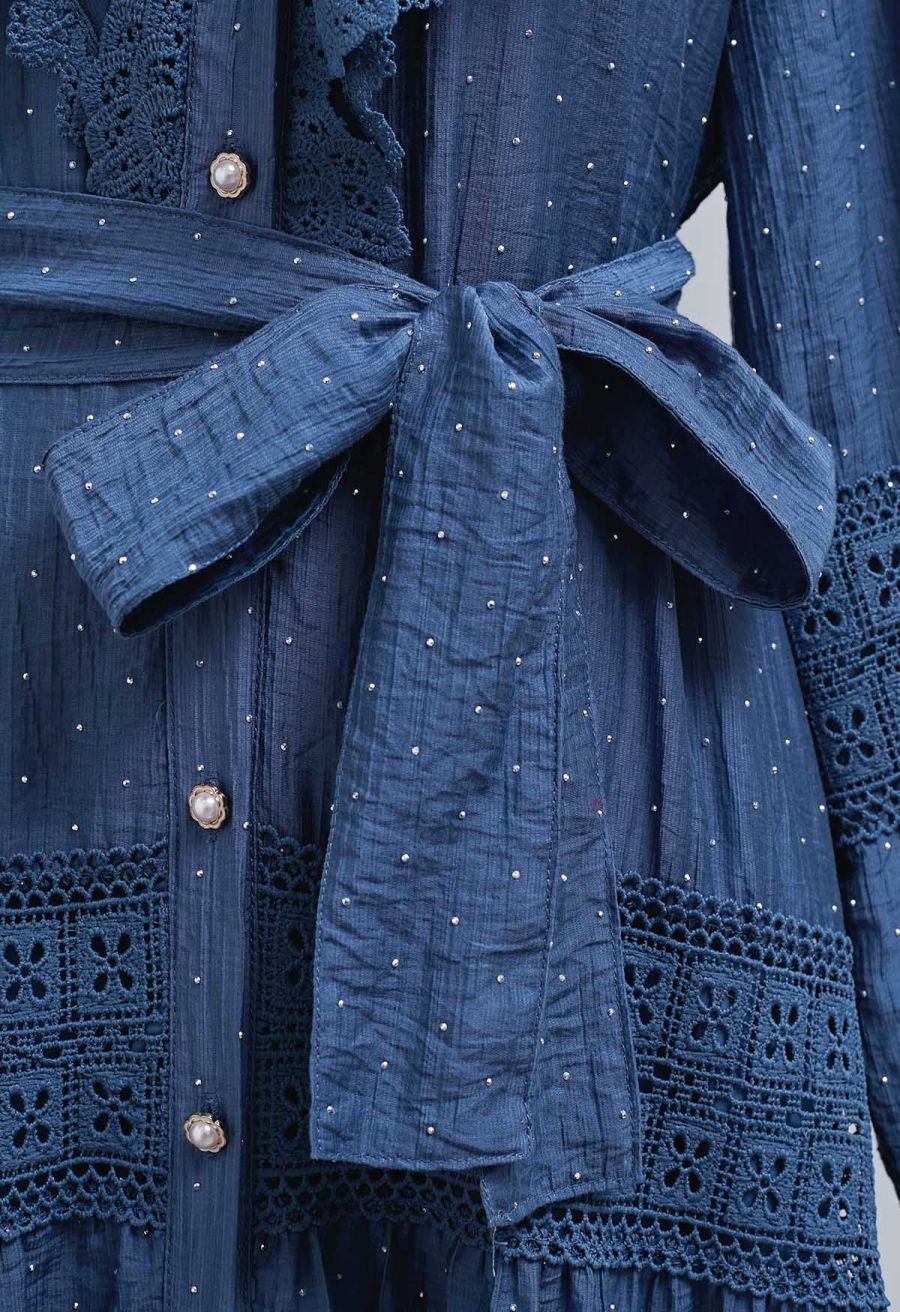 Rhinestone Decor Cutwork Panel Button Maxi Dress in Navy