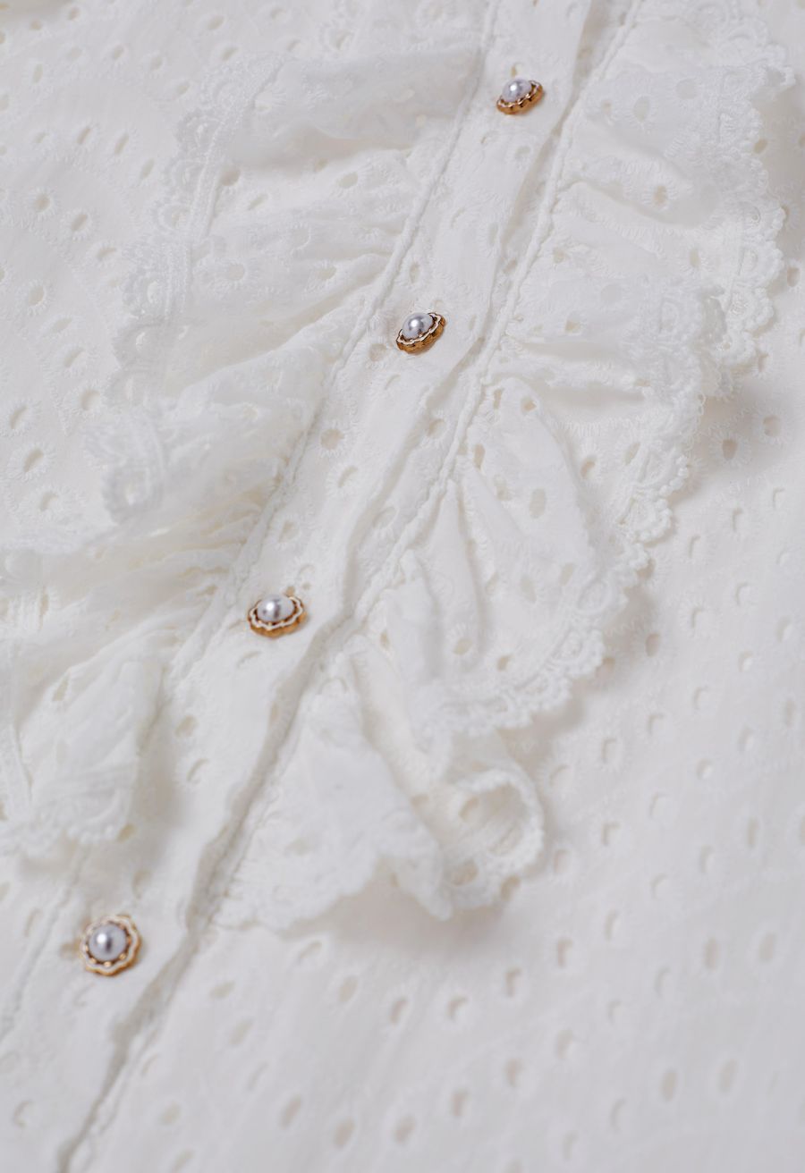 Embroidered Eyelet Tiered Ruffle Button Maxi Dress in White