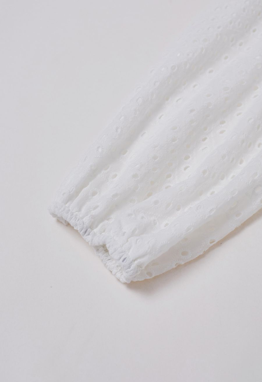 Embroidered Eyelet Tiered Ruffle Button Maxi Dress in White