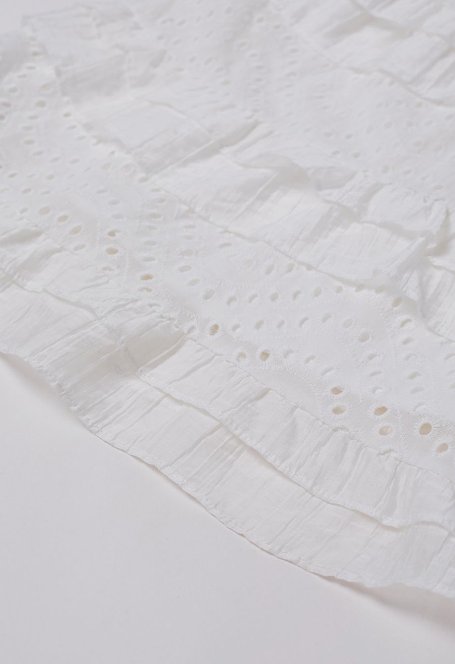 Embroidered Eyelet Tiered Ruffle Button Maxi Dress in White