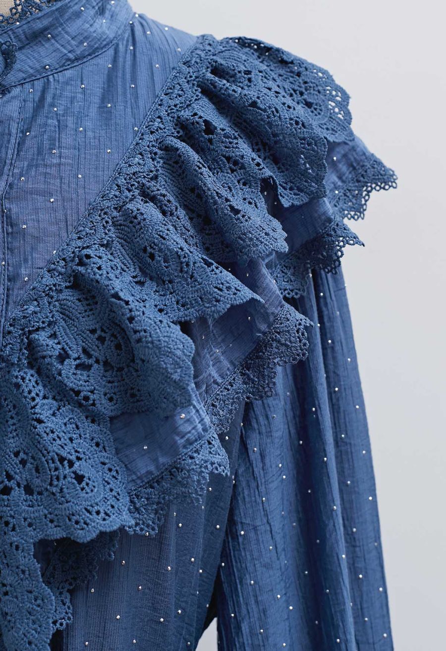Rhinestone Decor Cutwork Panel Button Maxi Dress in Navy