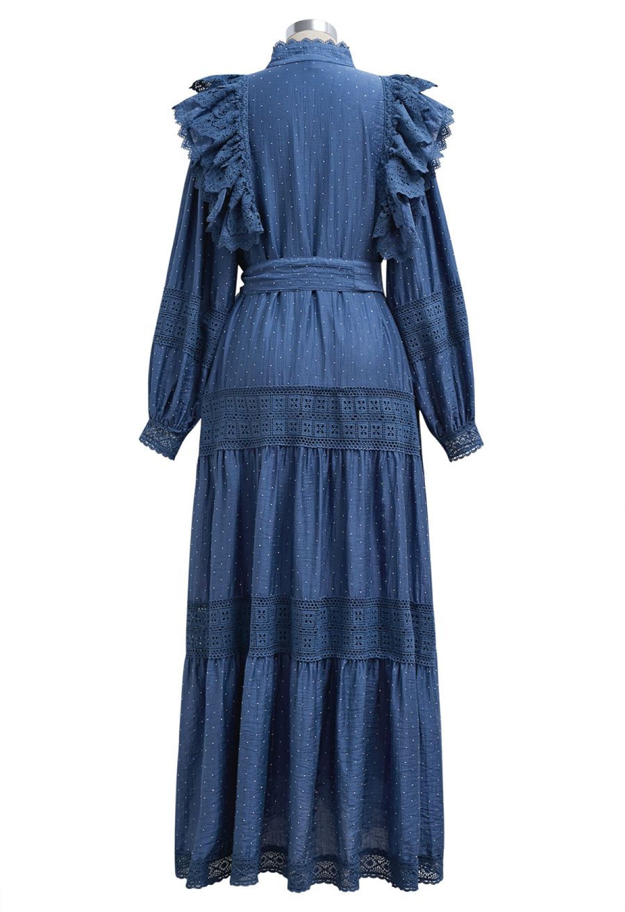 Rhinestone Decor Cutwork Panel Button Maxi Dress in Navy