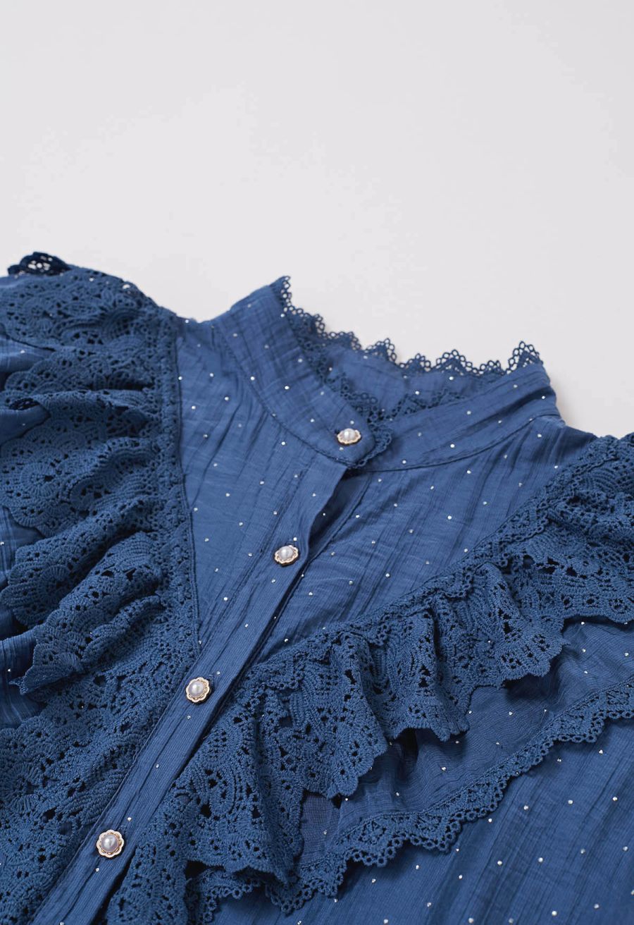 Rhinestone Decor Cutwork Panel Button Maxi Dress in Navy