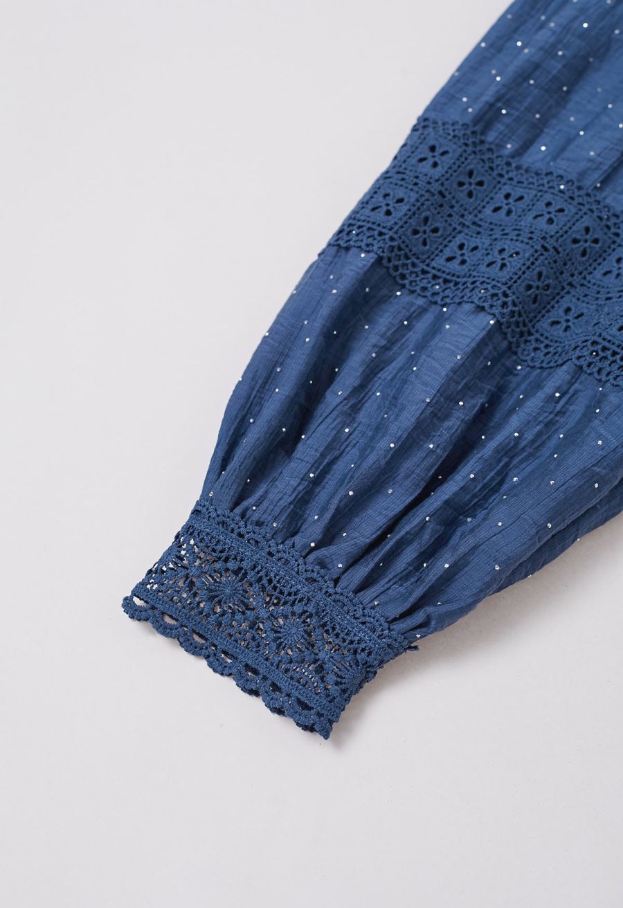Rhinestone Decor Cutwork Panel Button Maxi Dress in Navy