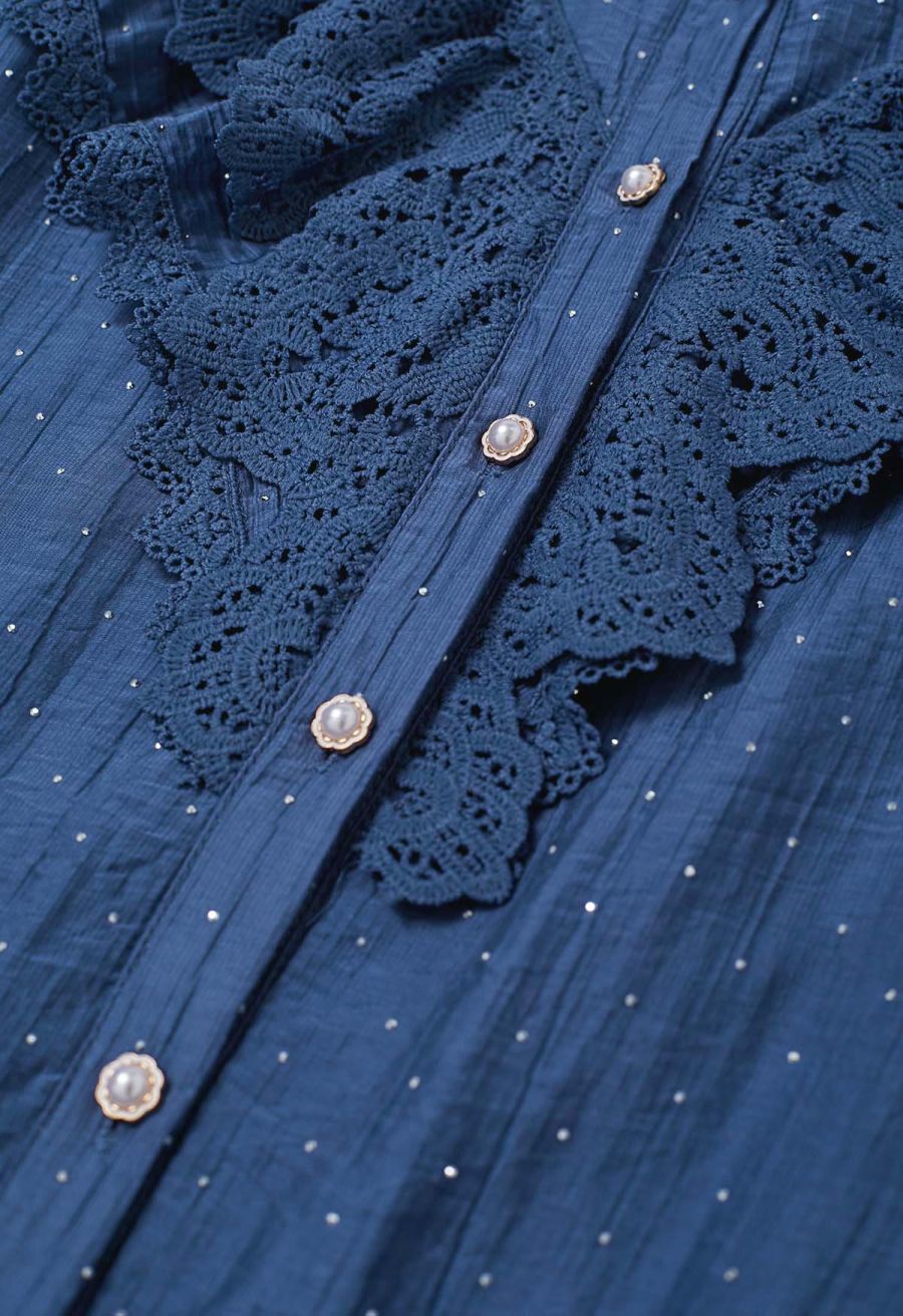 Rhinestone Decor Cutwork Panel Button Maxi Dress in Navy