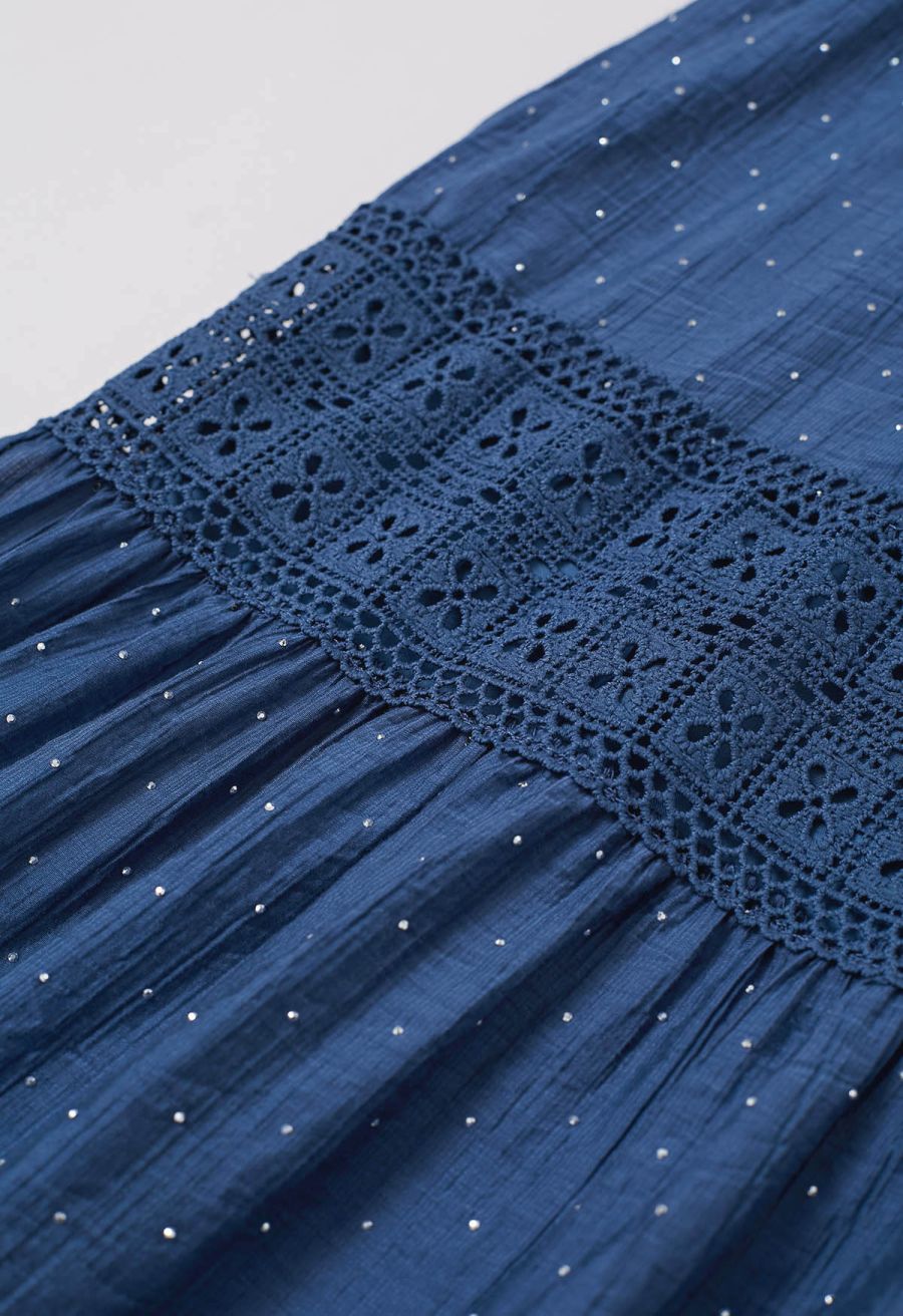 Rhinestone Decor Cutwork Panel Button Maxi Dress in Navy