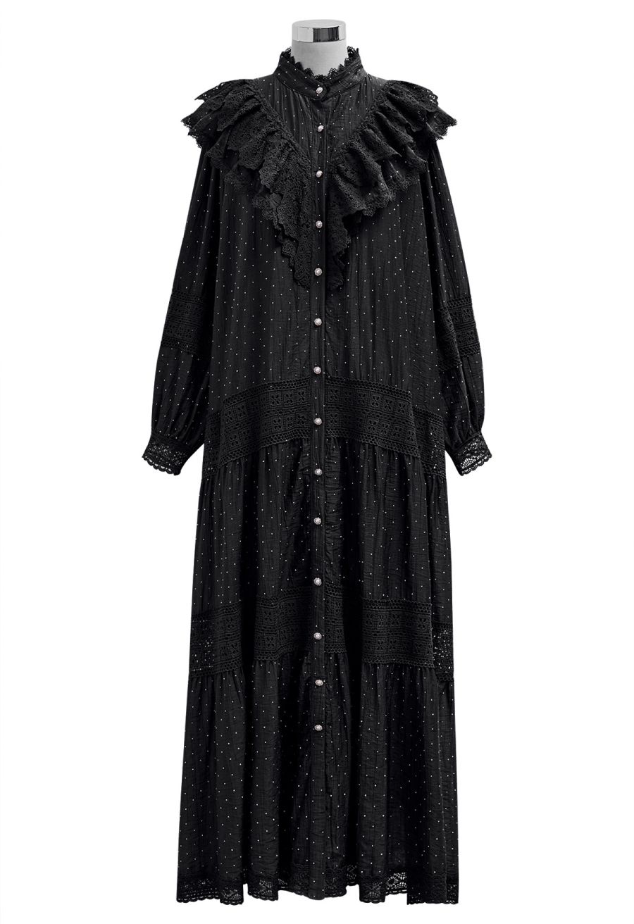 Rhinestone Decor Cutwork Panel Button Maxi Dress in Black