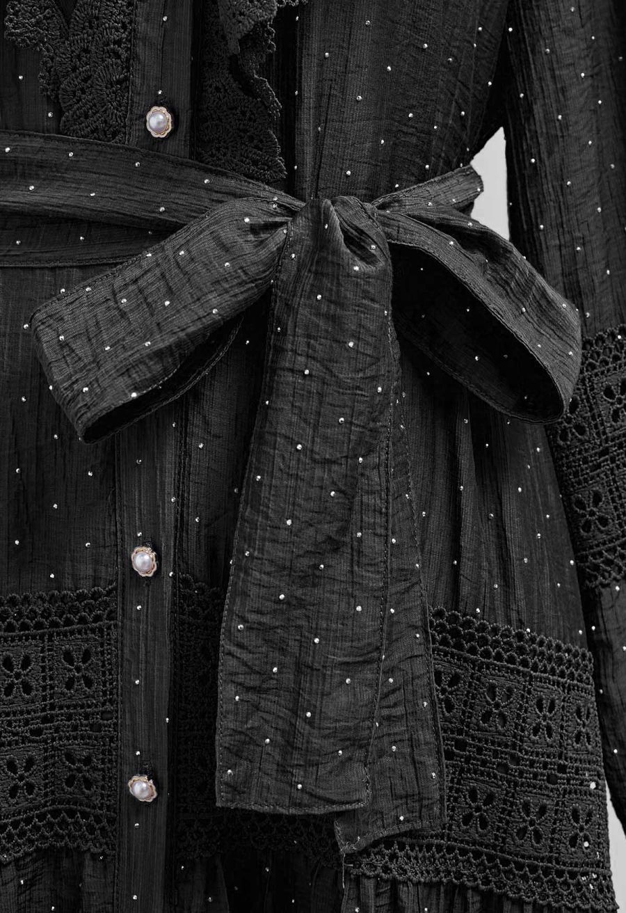 Rhinestone Decor Cutwork Panel Button Maxi Dress in Black