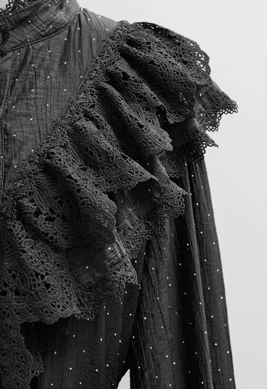 Rhinestone Decor Cutwork Panel Button Maxi Dress in Black