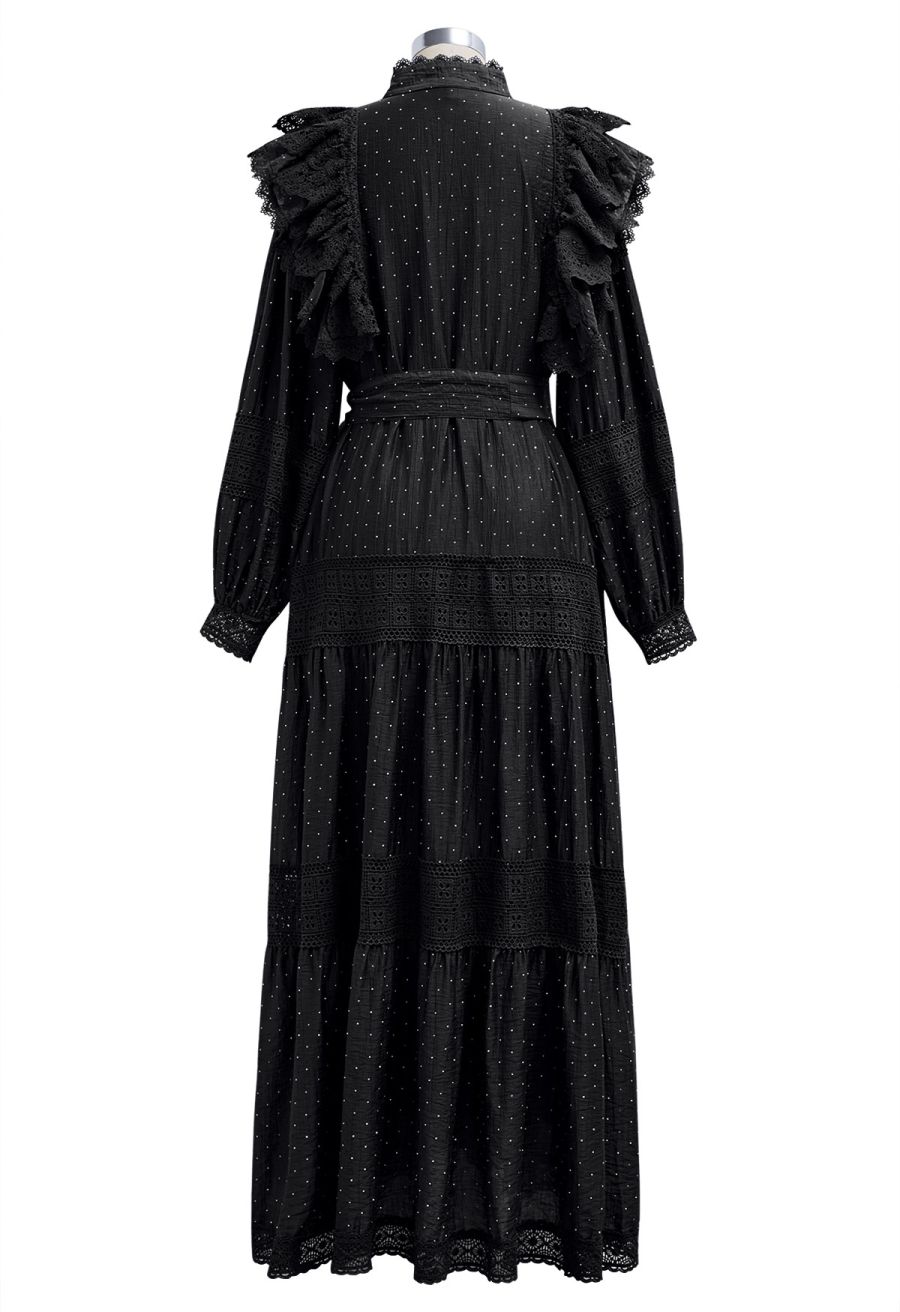 Rhinestone Decor Cutwork Panel Button Maxi Dress in Black