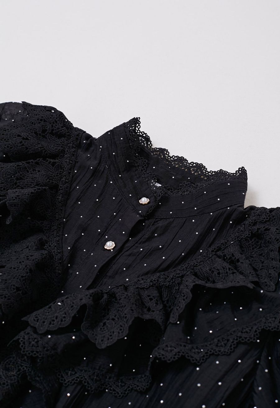 Rhinestone Decor Cutwork Panel Button Maxi Dress in Black