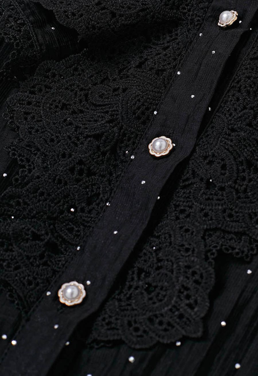 Rhinestone Decor Cutwork Panel Button Maxi Dress in Black