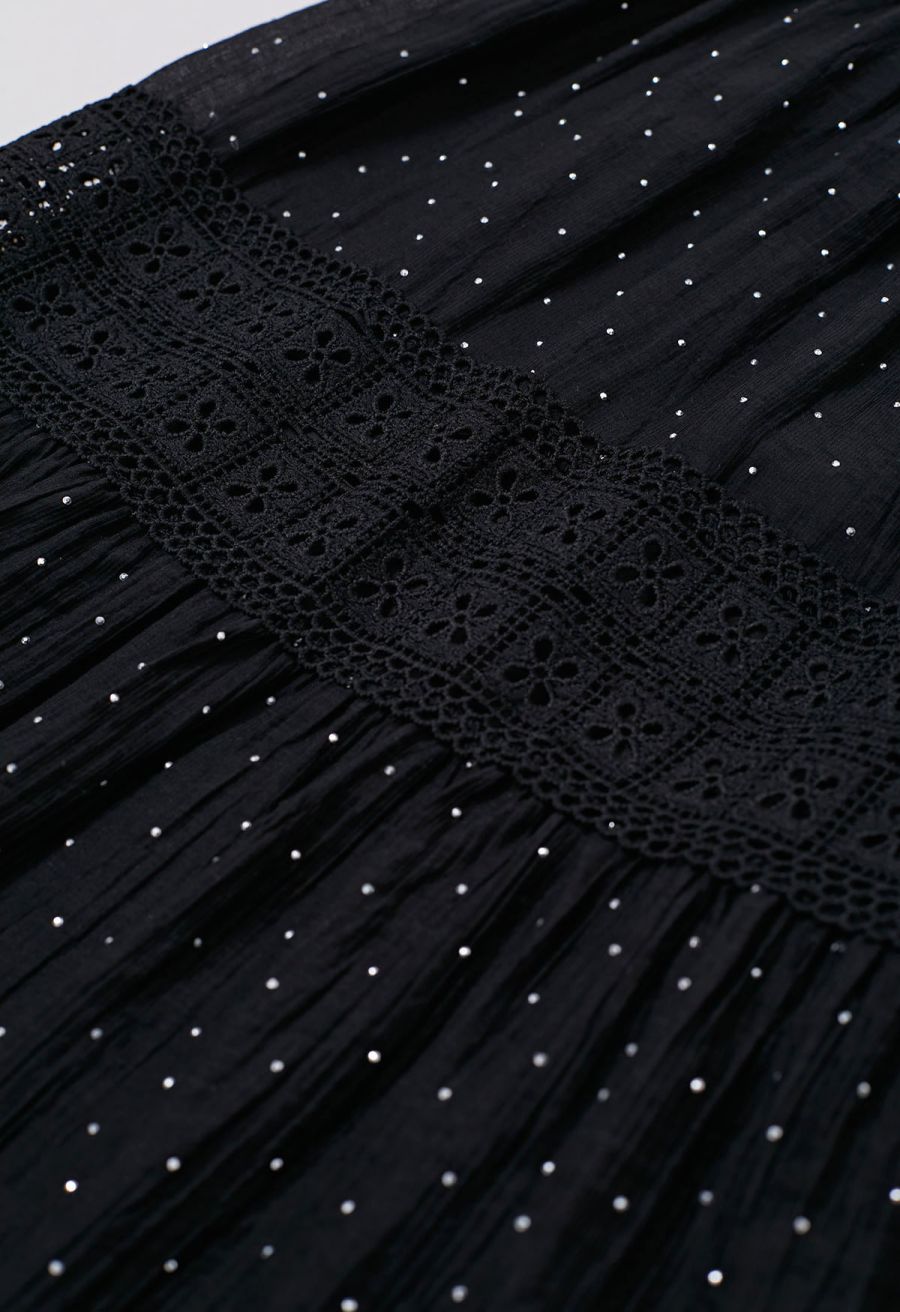 Rhinestone Decor Cutwork Panel Button Maxi Dress in Black