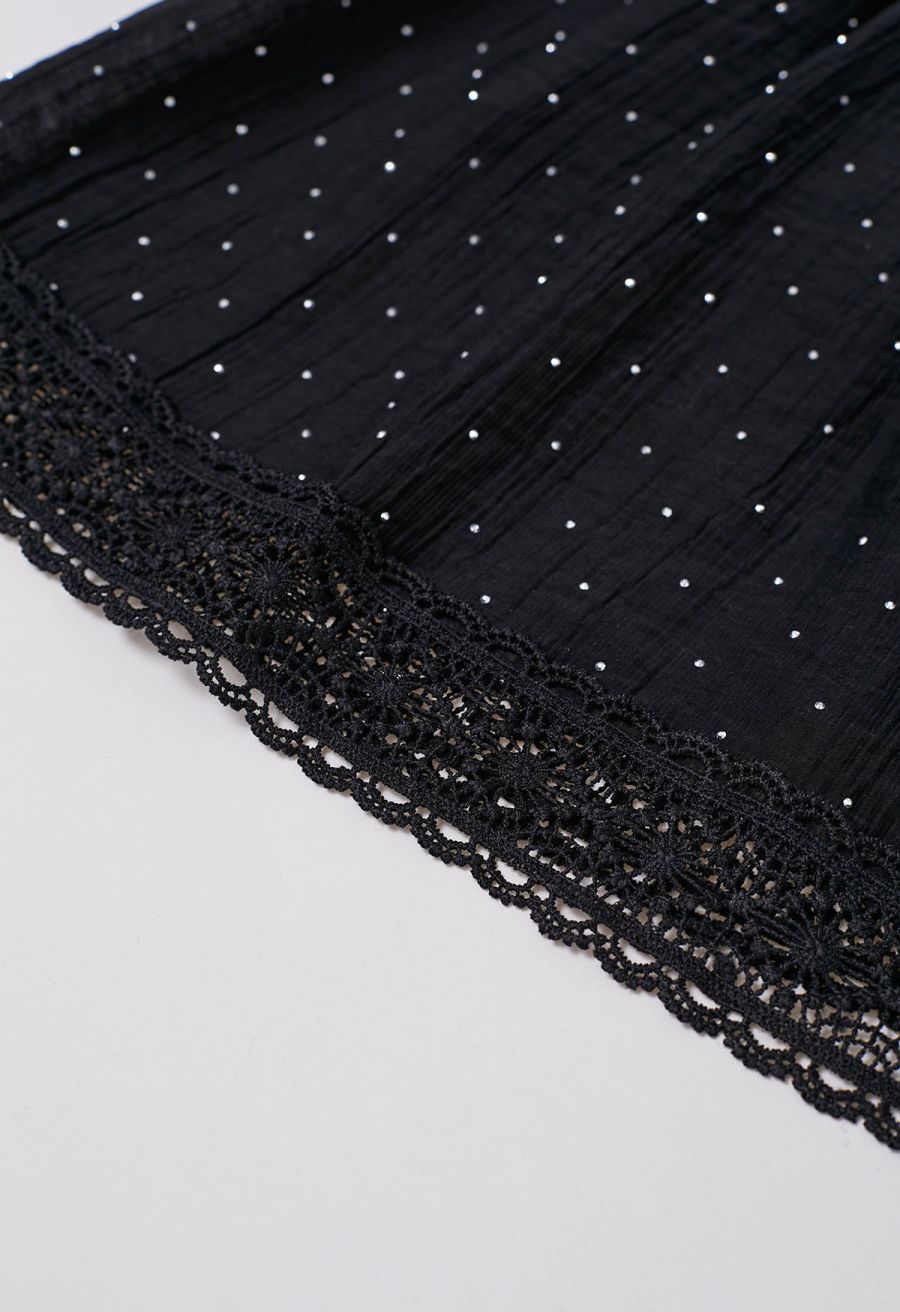 Rhinestone Decor Cutwork Panel Button Maxi Dress in Black