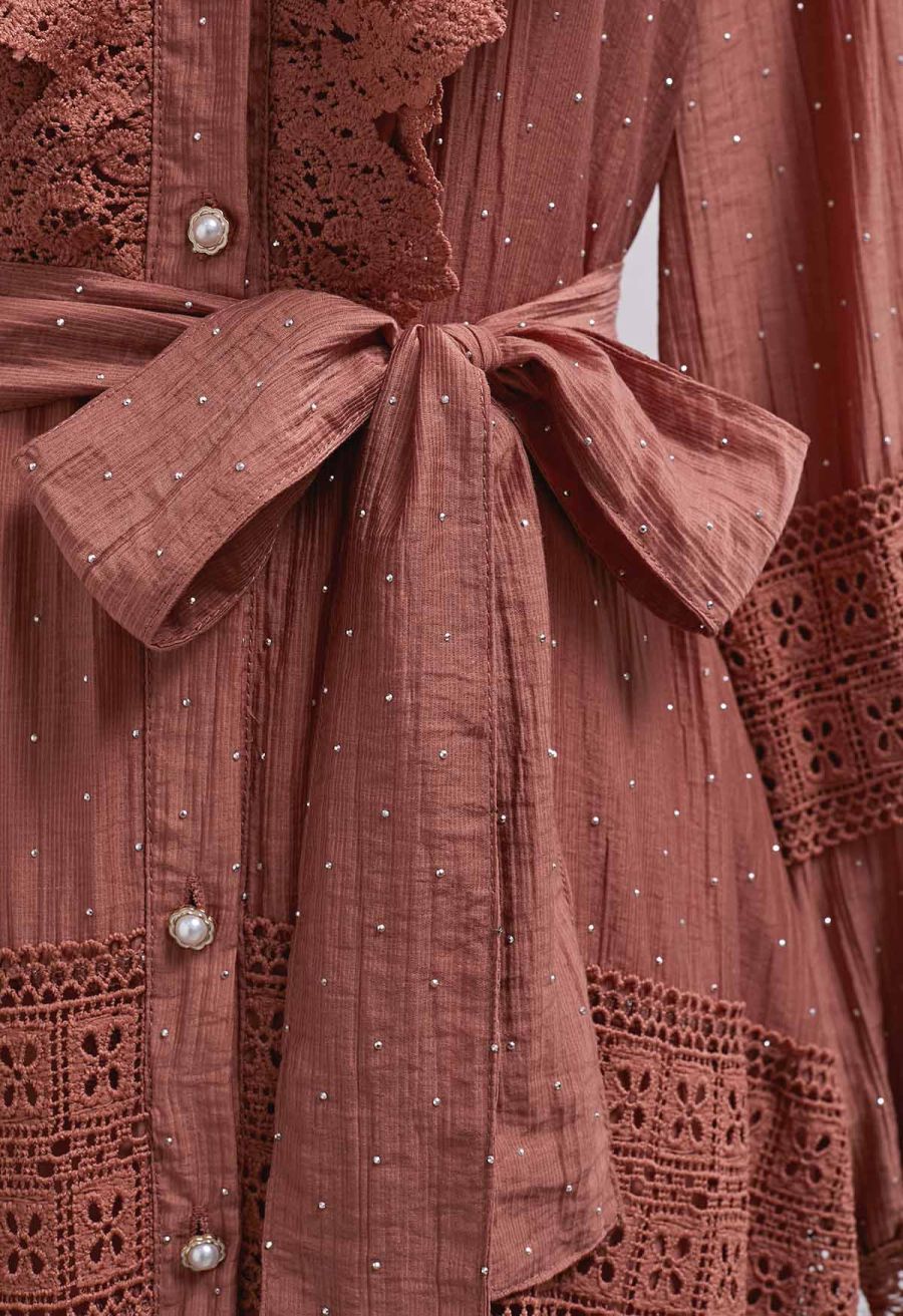 Rhinestone Decor Cutwork Panel Button Maxi Dress in Rust