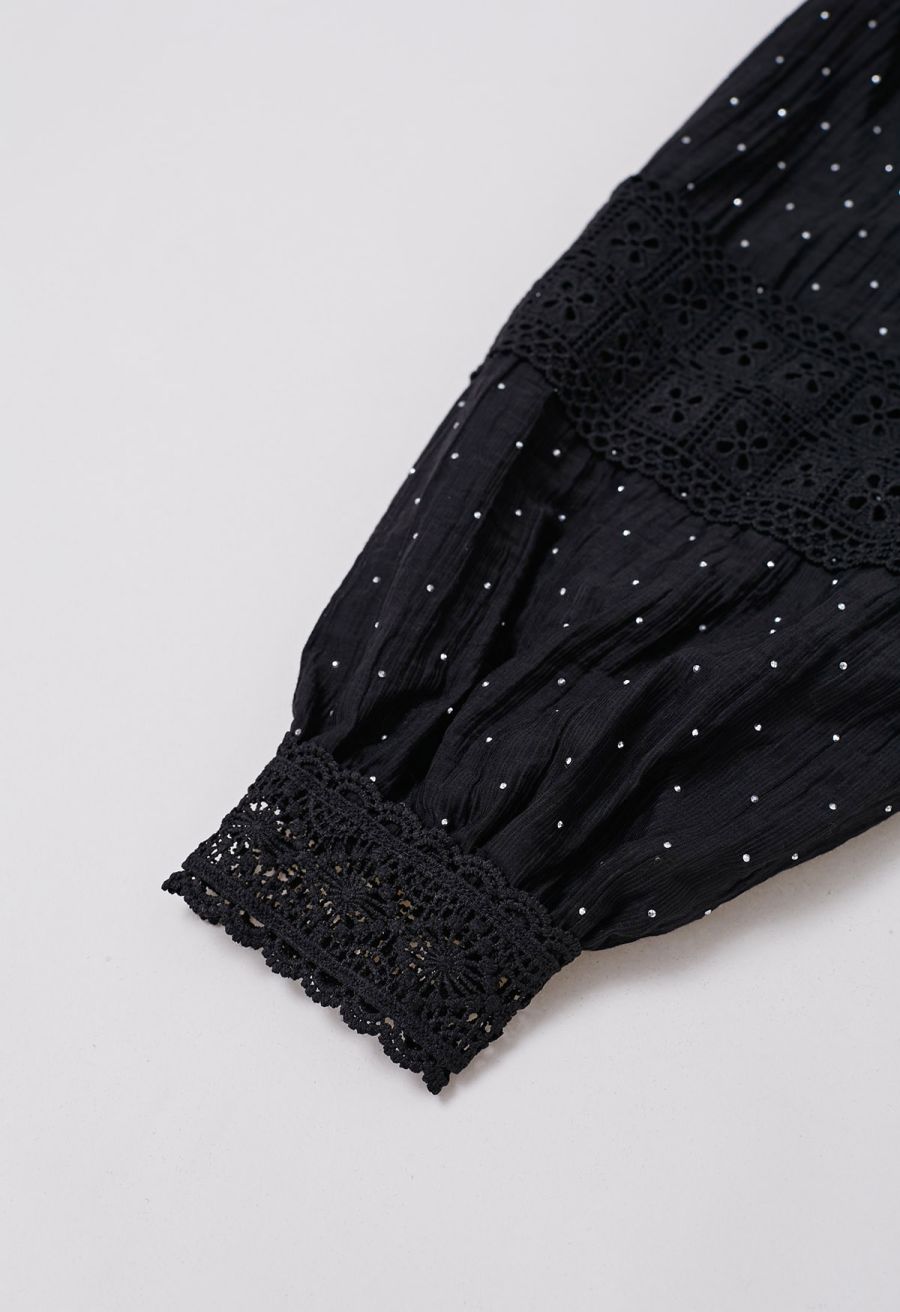 Rhinestone Decor Cutwork Panel Button Maxi Dress in Black