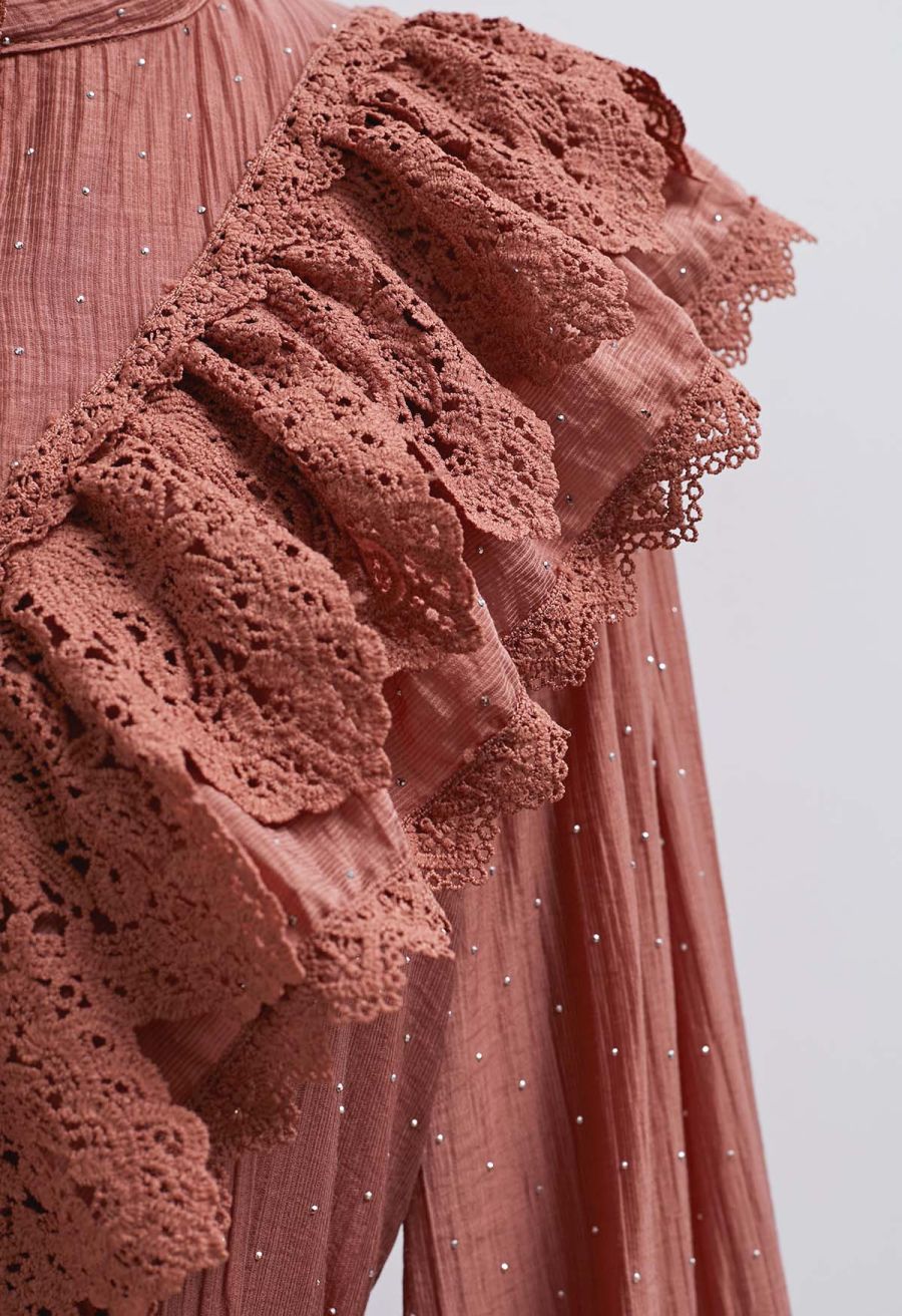 Rhinestone Decor Cutwork Panel Button Maxi Dress in Rust
