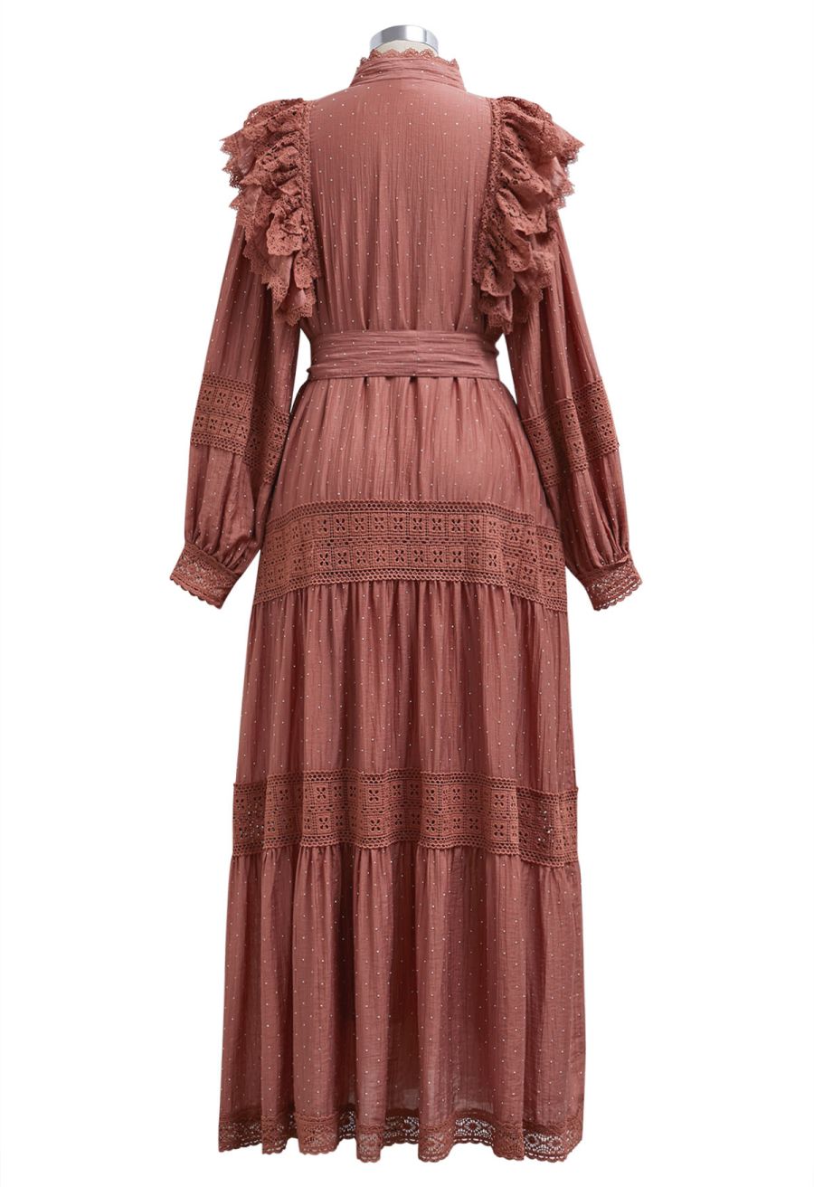 Rhinestone Decor Cutwork Panel Button Maxi Dress in Rust