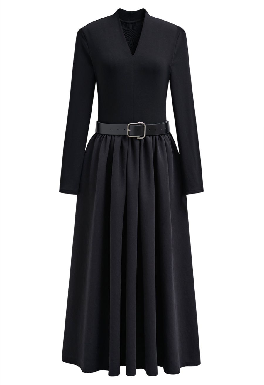 Sedate V-Neck Spliced Belted Midi Dress in Black