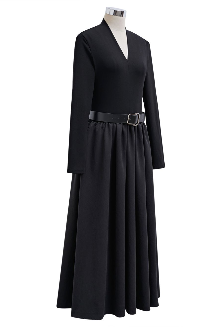 Sedate V-Neck Spliced Belted Midi Dress in Black