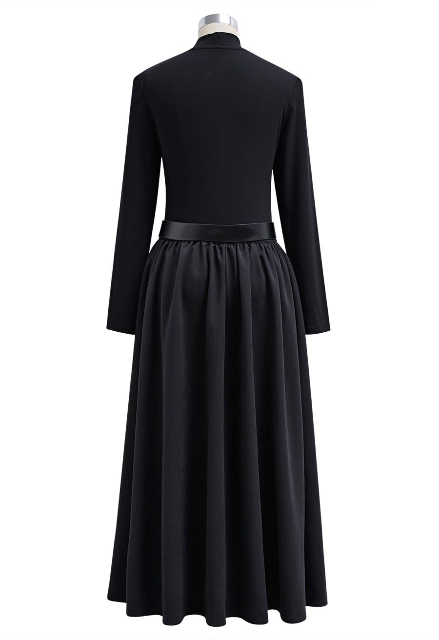 Sedate V-Neck Spliced Belted Midi Dress in Black
