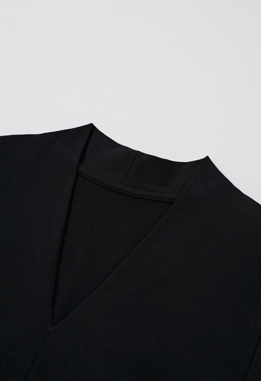Sedate V-Neck Spliced Belted Midi Dress in Black