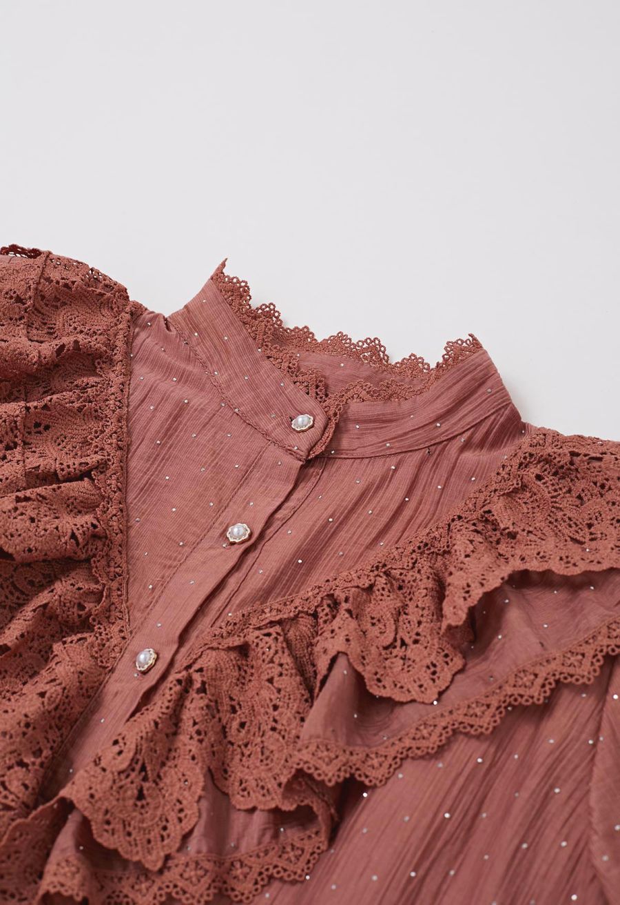Rhinestone Decor Cutwork Panel Button Maxi Dress in Rust