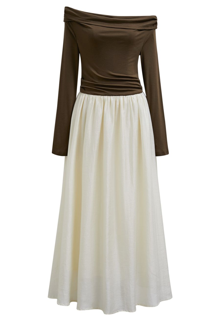 Folded Slant Shoulder Spliced Maxi Dress in Brown