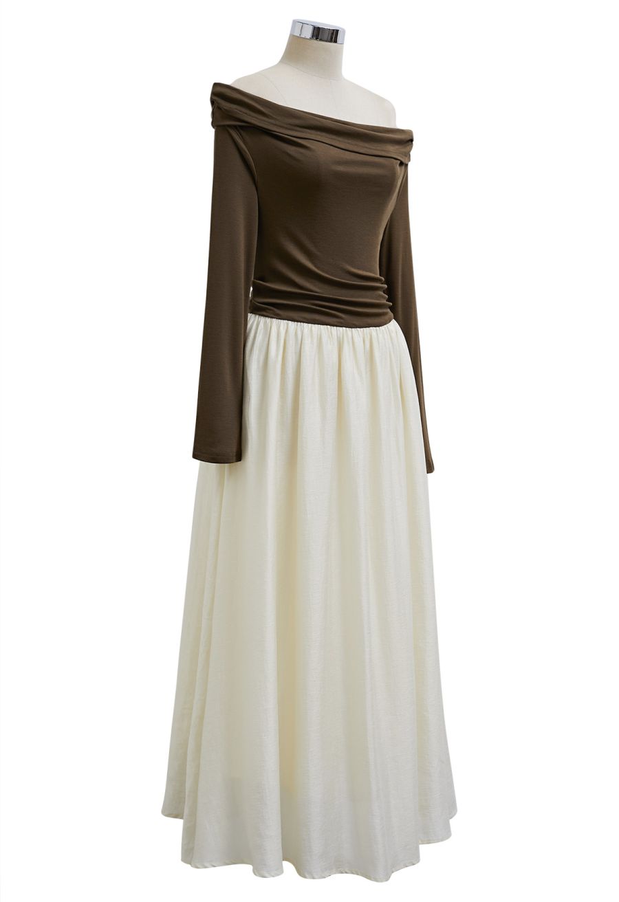 Folded Slant Shoulder Spliced Maxi Dress in Brown