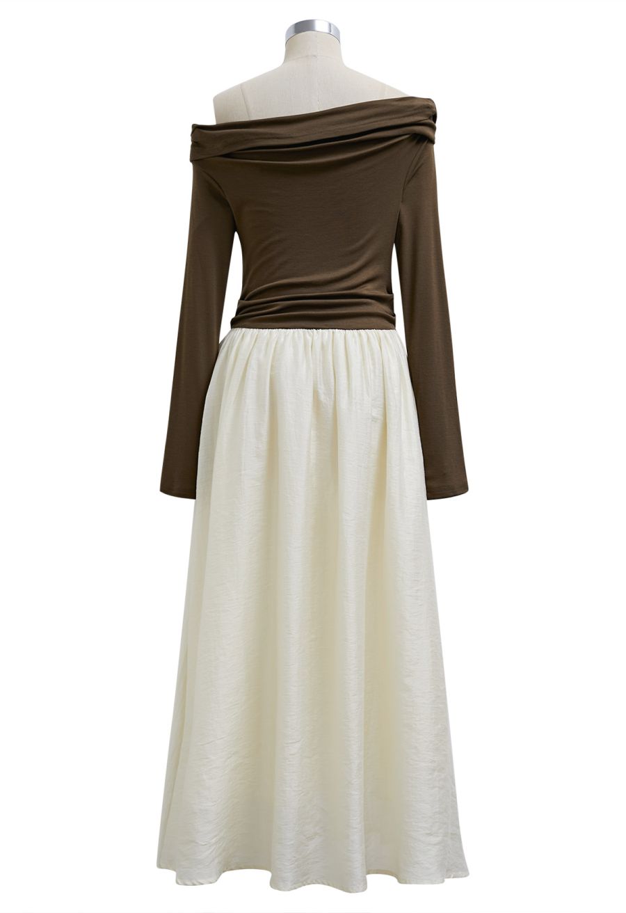 Folded Slant Shoulder Spliced Maxi Dress in Brown