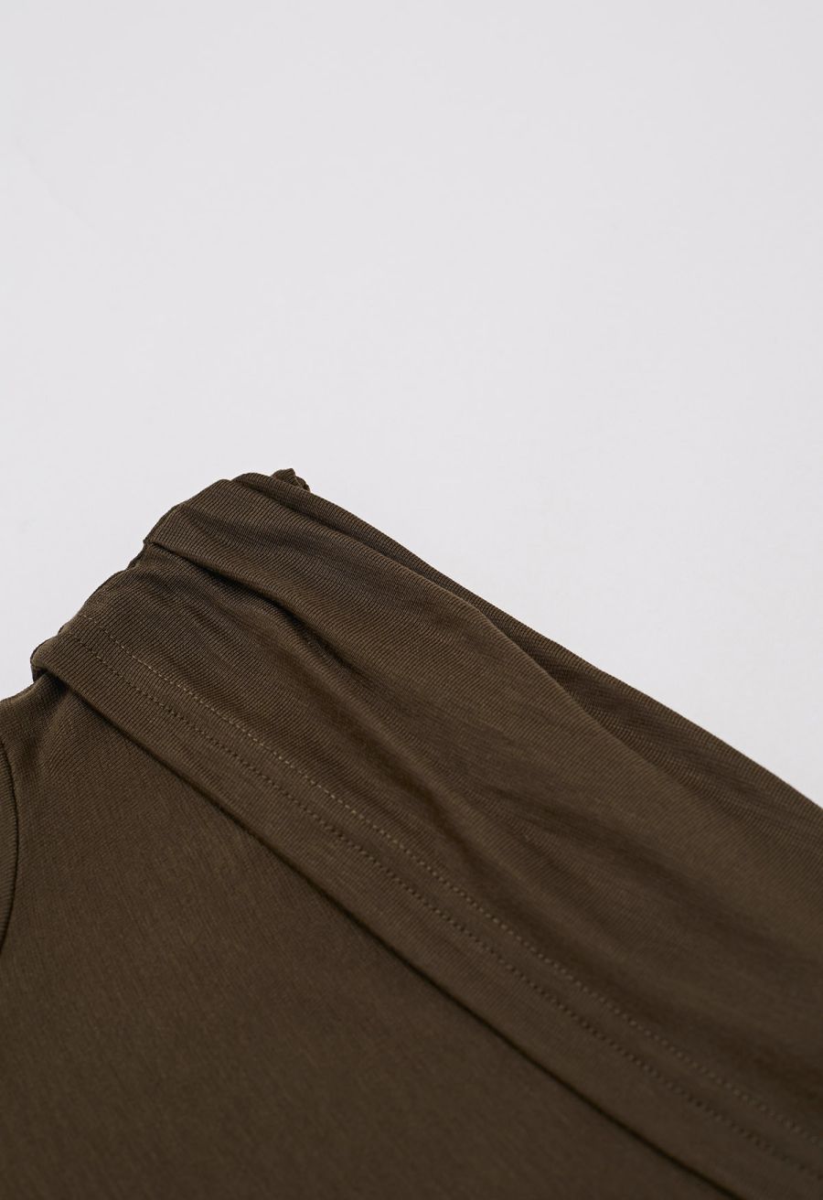 Folded Slant Shoulder Spliced Maxi Dress in Brown