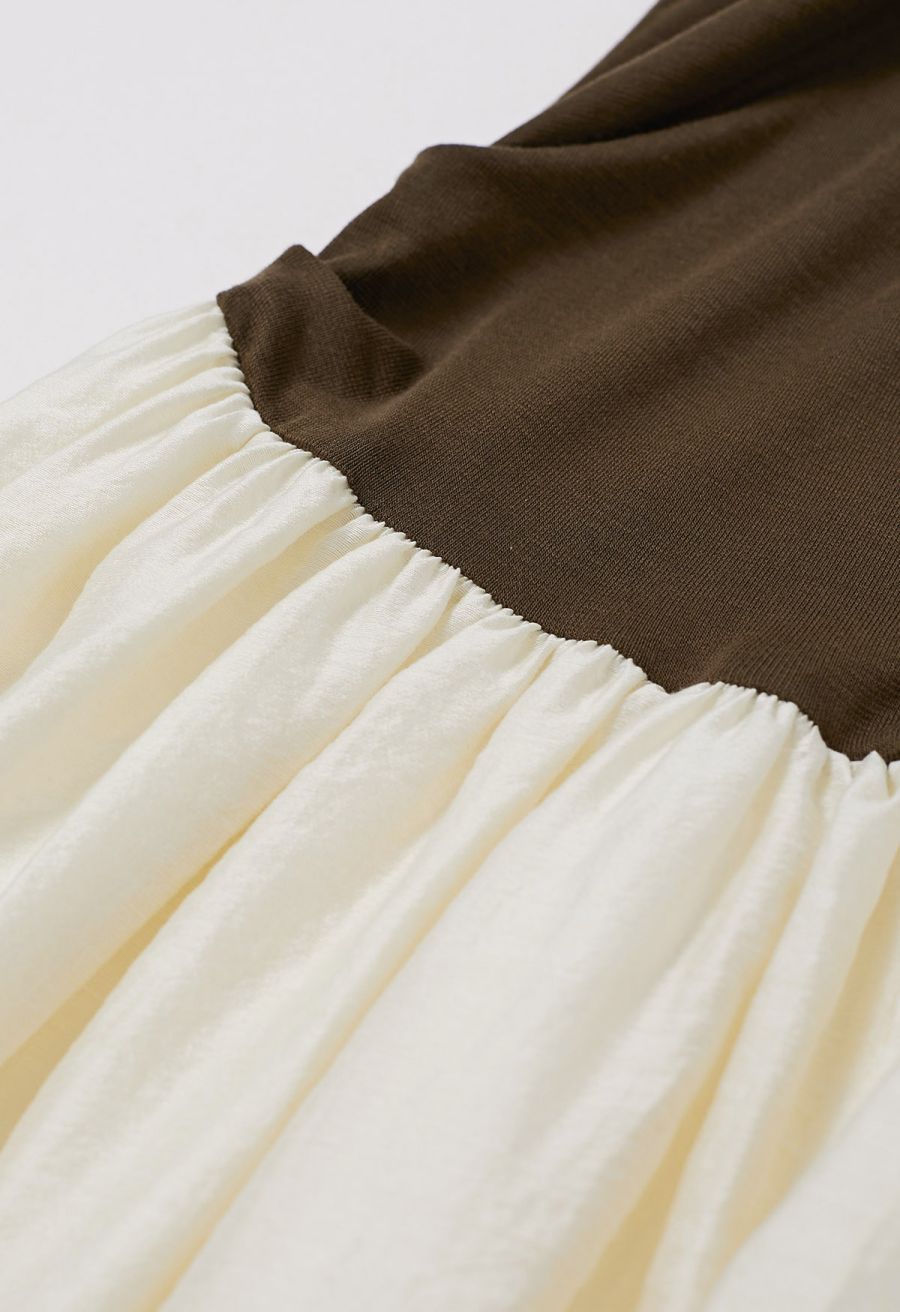 Folded Slant Shoulder Spliced Maxi Dress in Brown