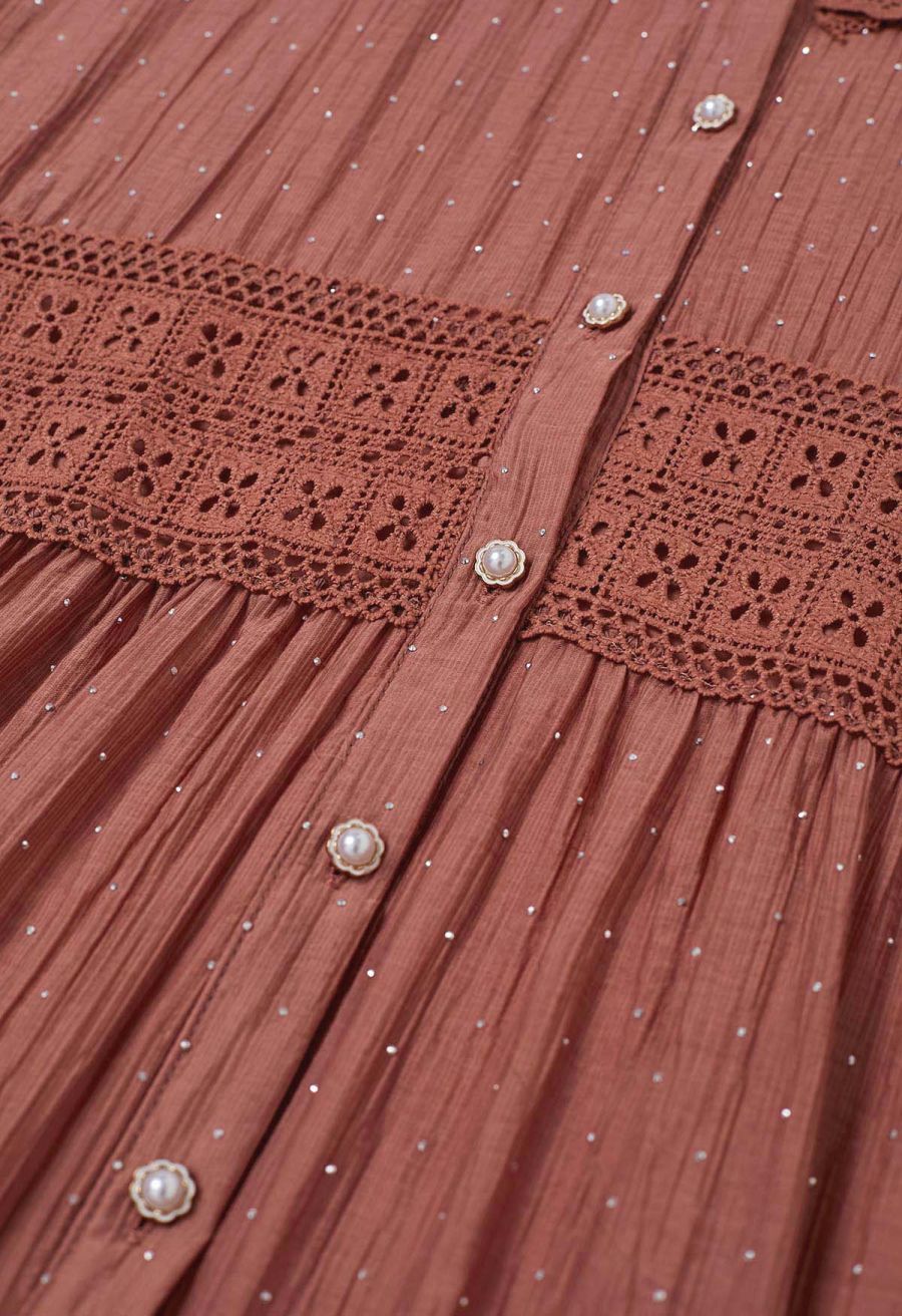 Rhinestone Decor Cutwork Panel Button Maxi Dress in Rust