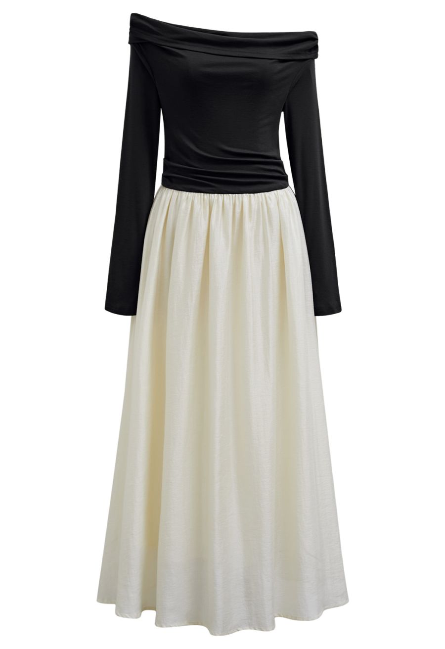 Folded Slant Shoulder Spliced Maxi Dress in Black