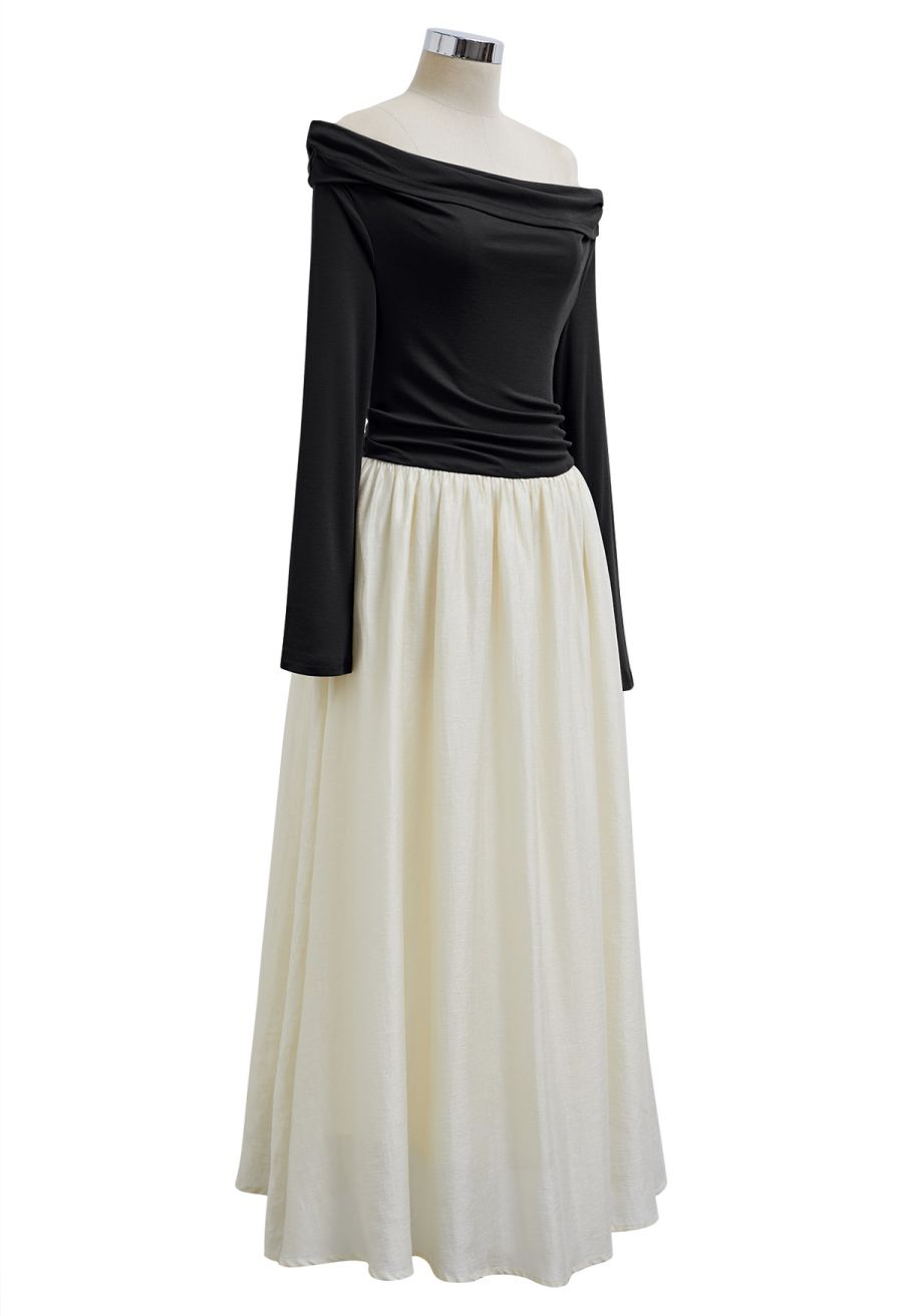 Folded Slant Shoulder Spliced Maxi Dress in Black