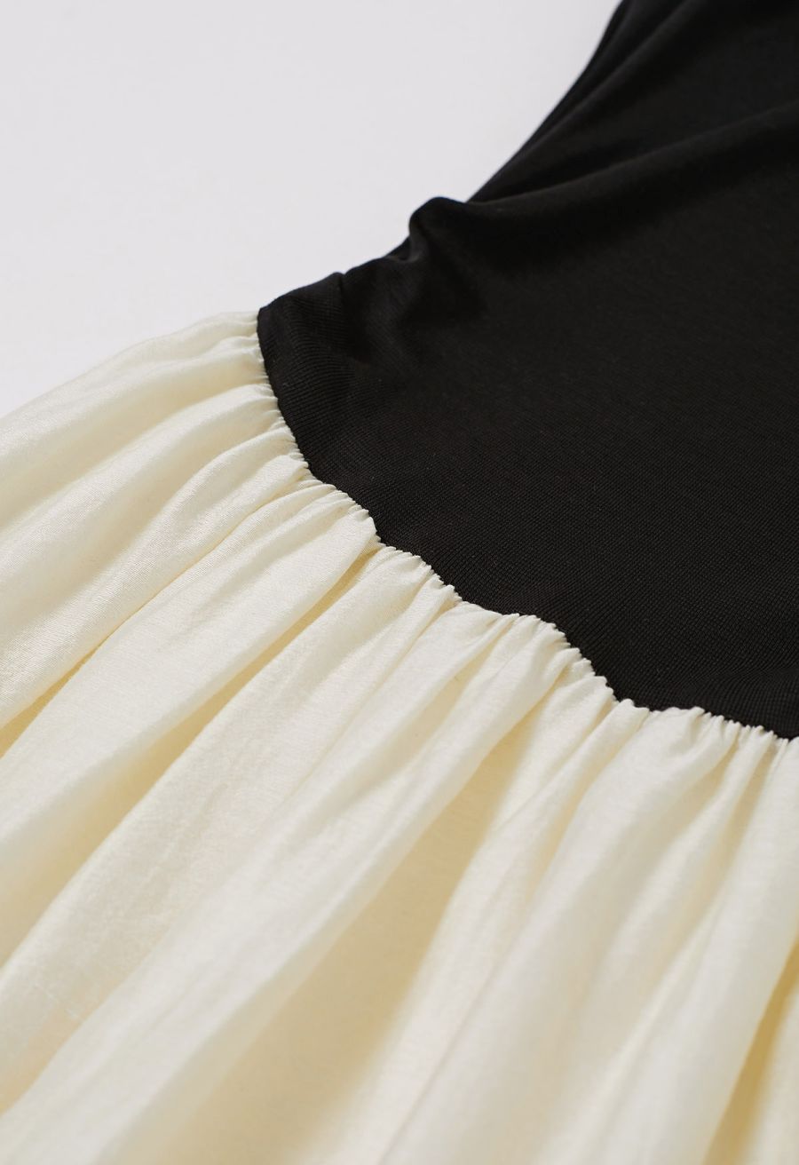 Folded Slant Shoulder Spliced Maxi Dress in Black