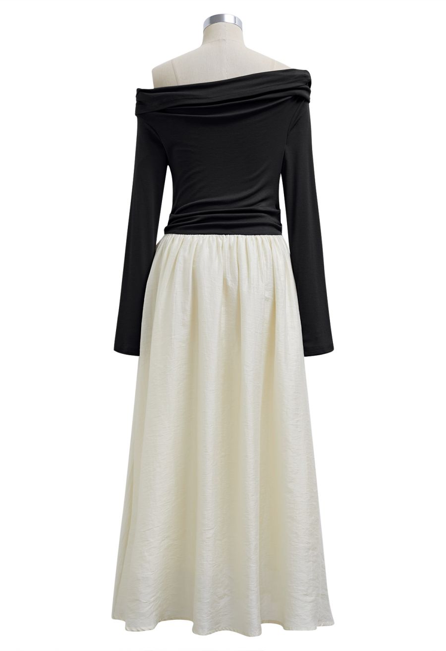 Folded Slant Shoulder Spliced Maxi Dress in Black