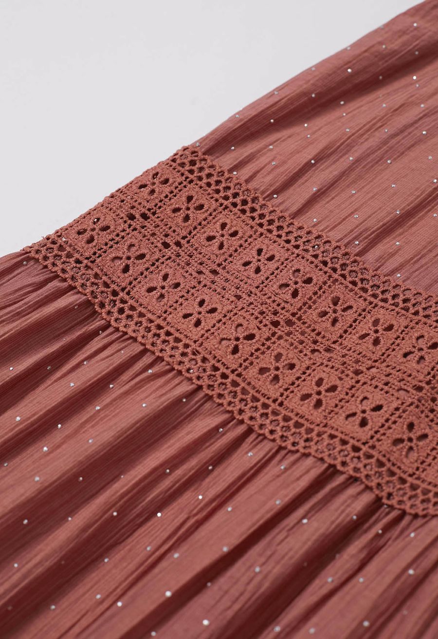 Rhinestone Decor Cutwork Panel Button Maxi Dress in Rust