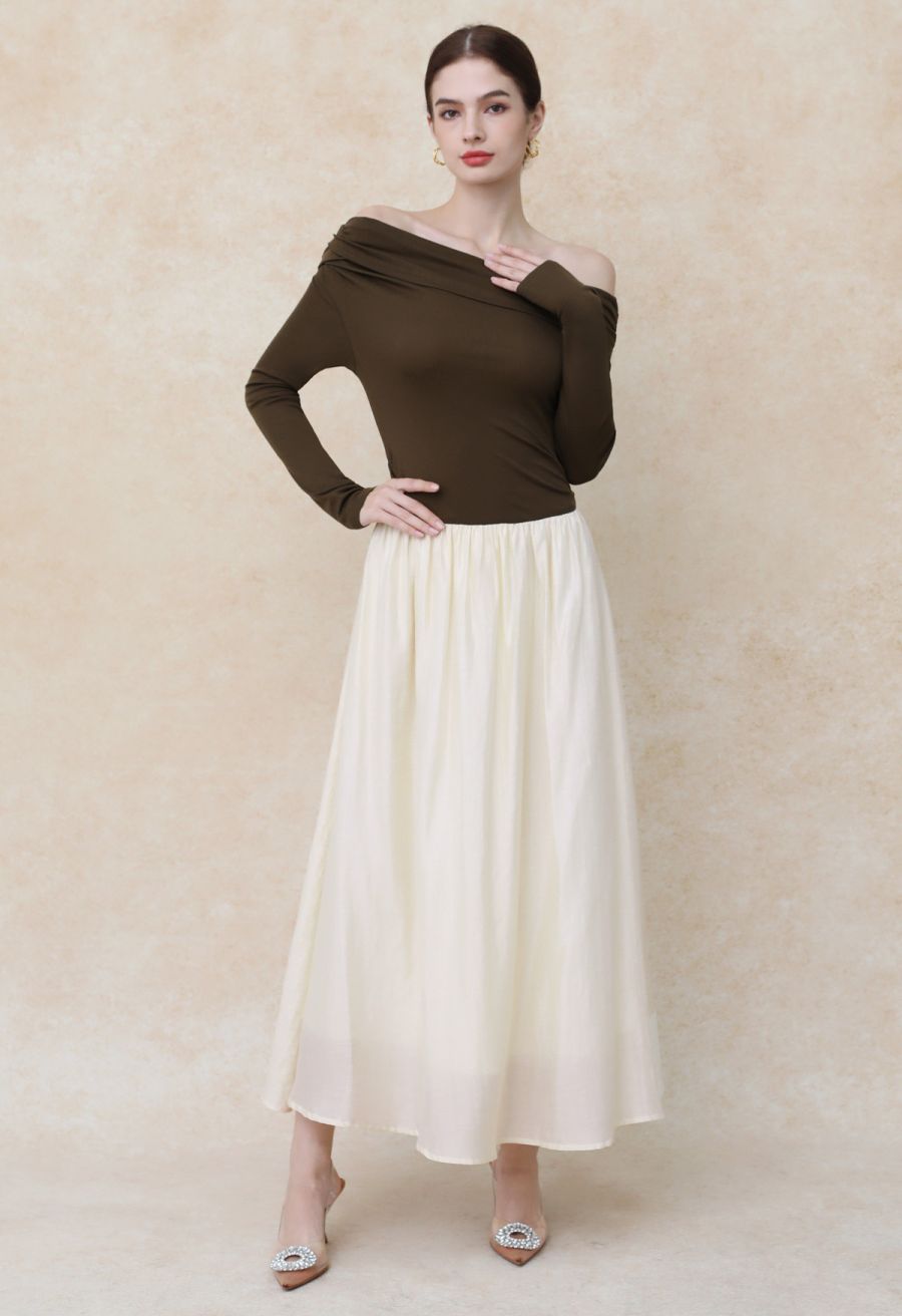 Folded Slant Shoulder Spliced Maxi Dress in Brown