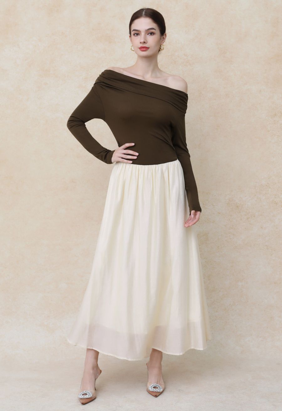 Folded Slant Shoulder Spliced Maxi Dress in Brown