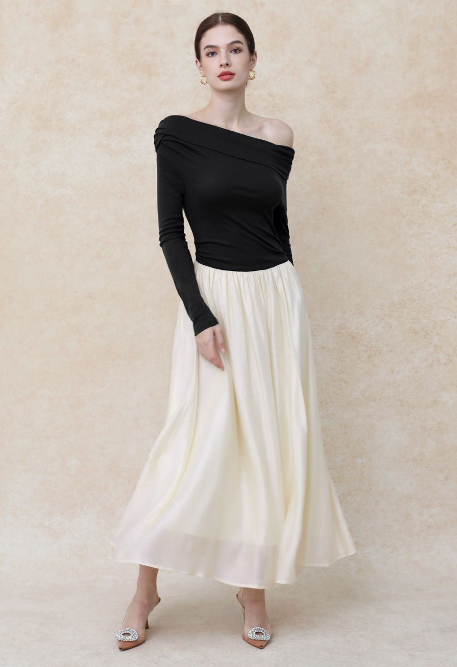 Folded Slant Shoulder Spliced Maxi Dress in Black