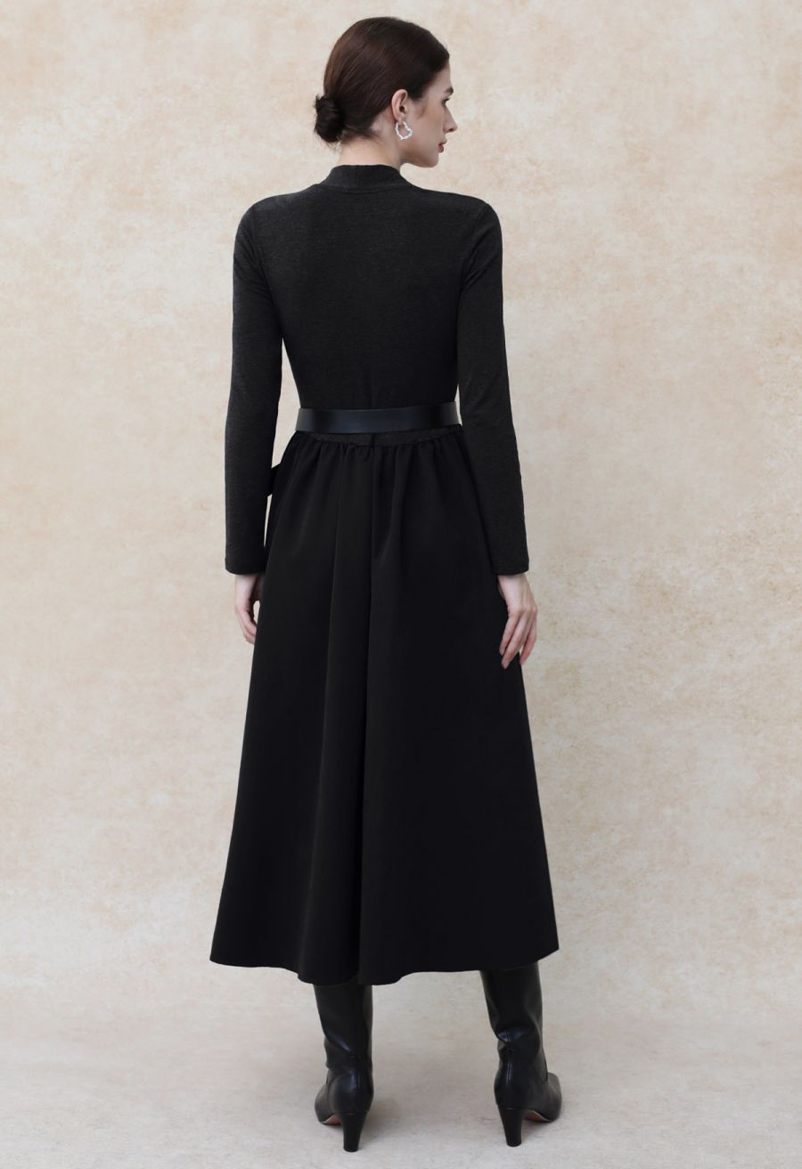 Sedate V-Neck Spliced Belted Midi Dress in Black
